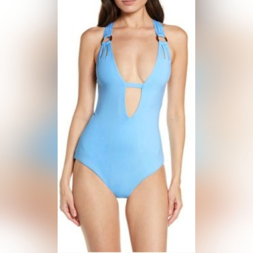 Becca Color Code Plunge One-Piece Swimsuit SZ Medium and small Powder Blue NWOT